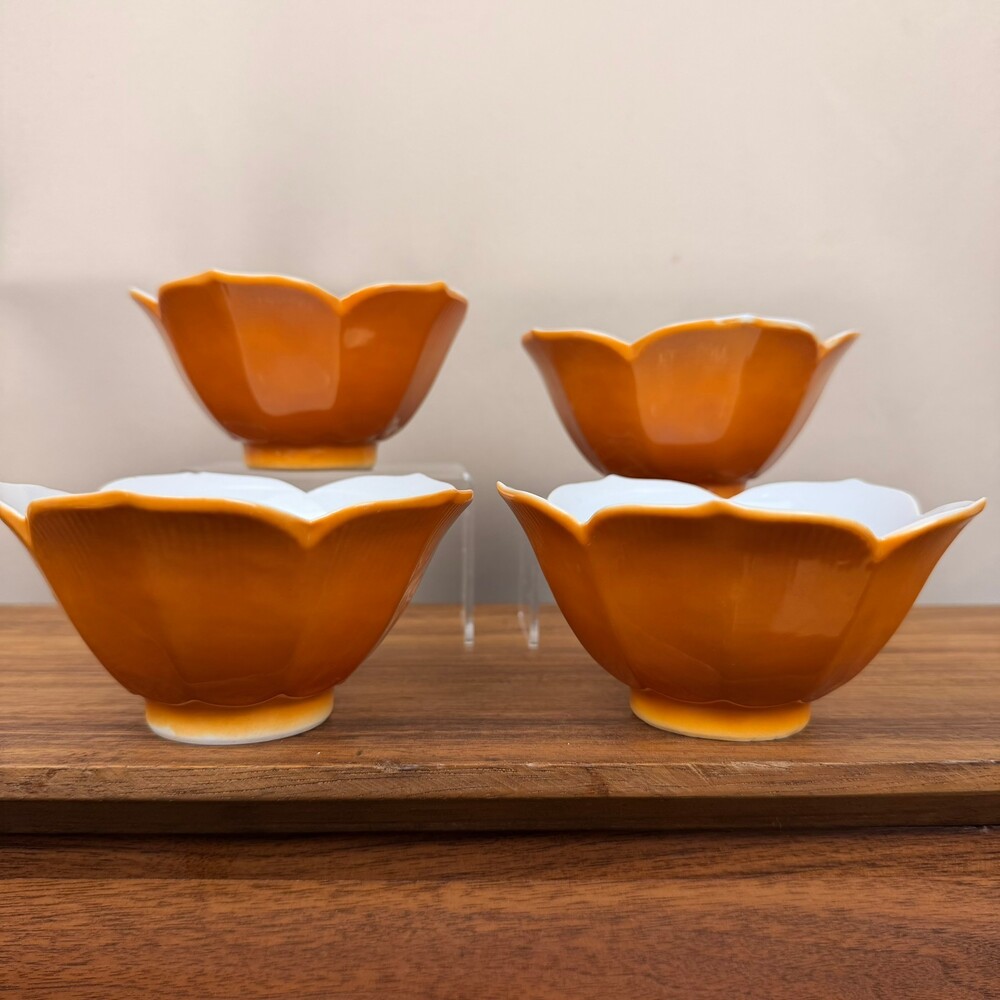 Mid Century Orange Lotus Ceramic Rice Bowl Set of 4 Vintage Japan